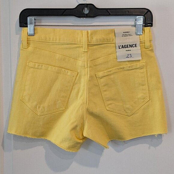 L'AGENCE Shorts Size 23 Yellow Audrey Denim Distressed Raw-Hem Mid-Rise NWT - Picture 3 of 16